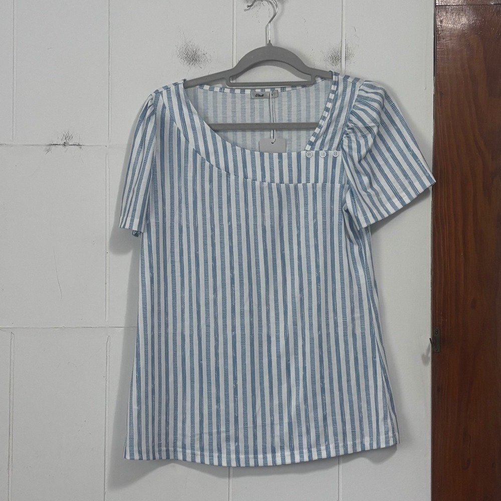 Wiholl Womens Blue White Striped Asymmetrical Neck Puff Sleeve Top Small NWT